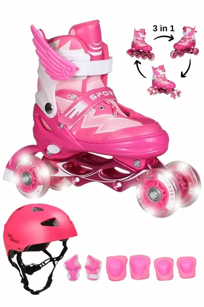 Pattini a rotelle per bambini con luci in silicone con casco, ginocchiere, gomitiere e borsa, a quattro ruote, per ragazze e ragazzi