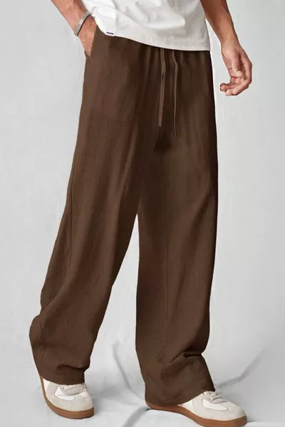بنطال رجالي واسع بقصة أرجل عريضة من مزيج الكتان