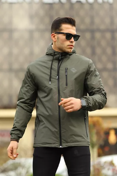 معطف مطر رجالي بغطاء رأس وجيوب، مقاوم للماء، مبطن بالفرو، باللون الكاكي