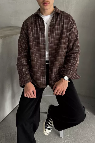 قميص رجالي كارو بقصة واسعة