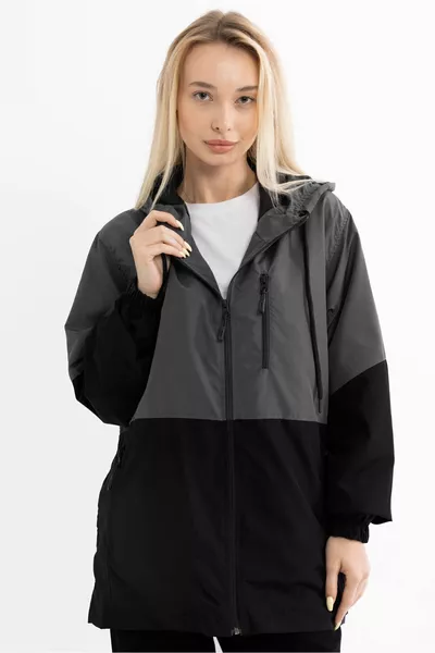 معطف مضاد للمطر والرياح نسائي بلونين أنثراسيت-أسود مبطن مع جيوب وغطاء رأس