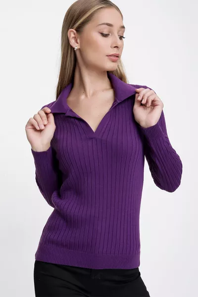 كنزة نسائية بياقة بولو باللون البنفسجي مريحة ومضلع وخفيف من الصوف 