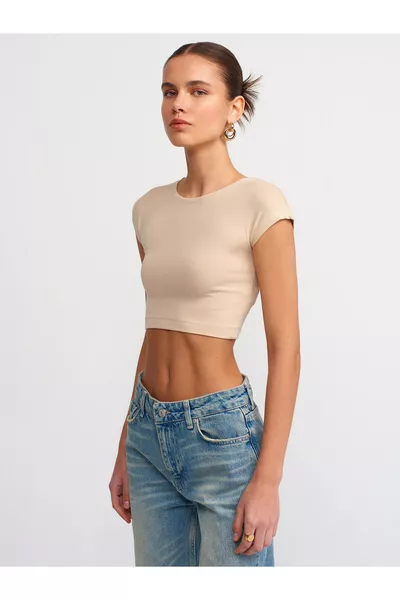  Cotton and Modal Blend Crop Top-Light Beige