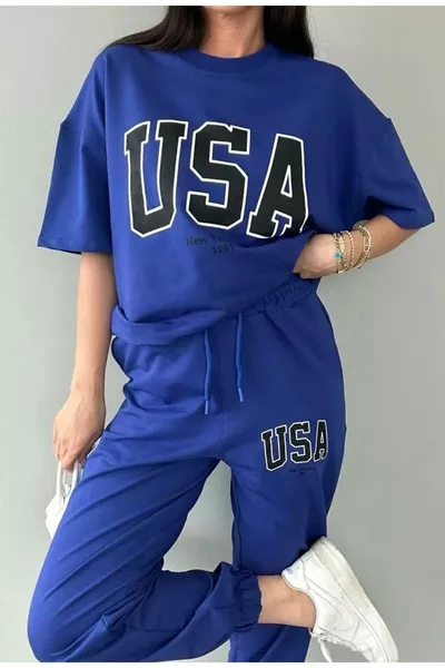 طقم رياضي نسائي أزرق كحلي بطبعة USA