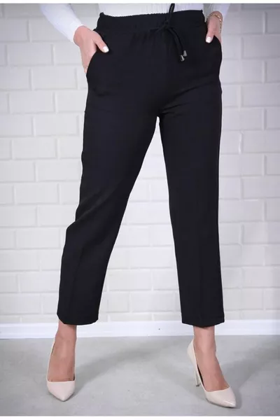 Tunneled Waist Women's Pants with Elastic Waist and Pocket Detail, Carrot Cut