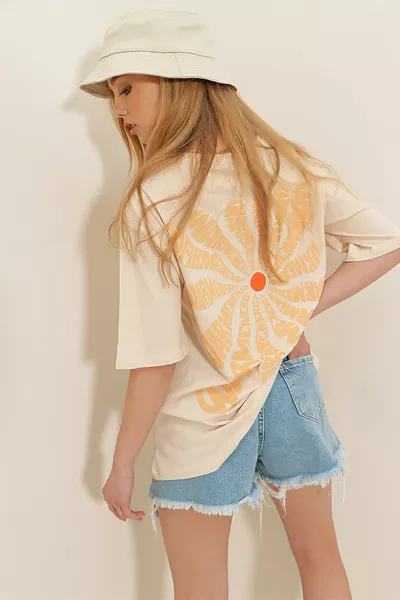 Женская бежевая футболка оверсайз с круглым вырезом, с флокс-принтом спереди и сзади, % хлопок, 