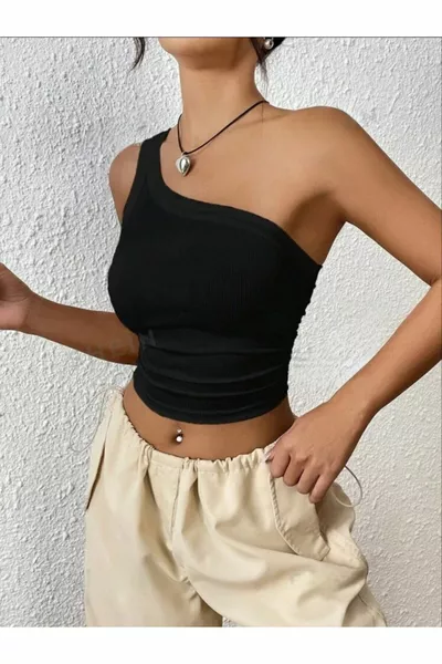 Colletto asimmetrico monospalla nero da donna Crop Bustier Spalla a cascata Bustier corto Spalla da donna