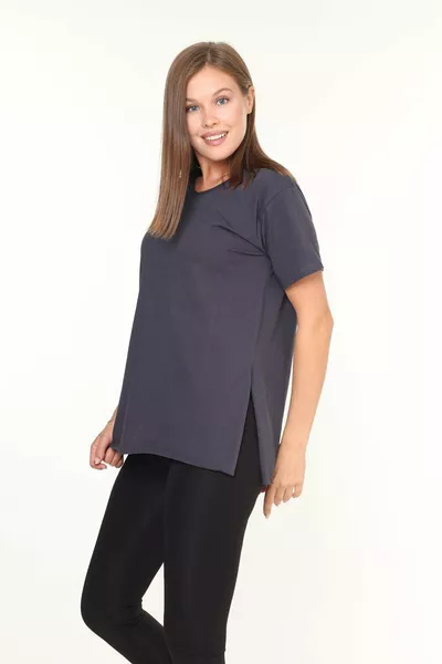 % Cotton Women's Charcoal V-Neck Asymmetrical Side-Slit Jersey Cotton Knit T-Shirt Tunic