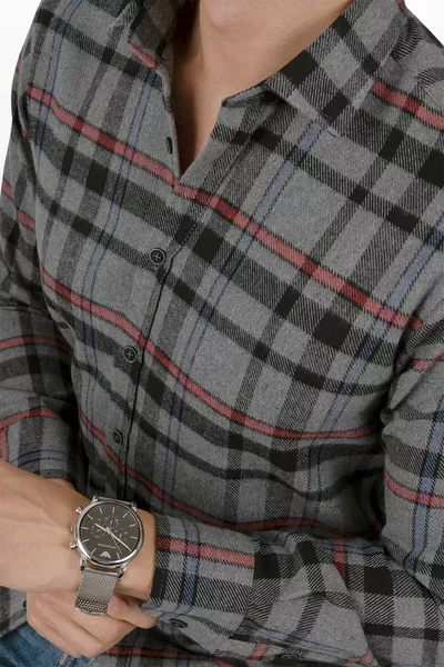 Füme Kırmızı Çizgili Slimfit Oduncu Erkek Gömlek