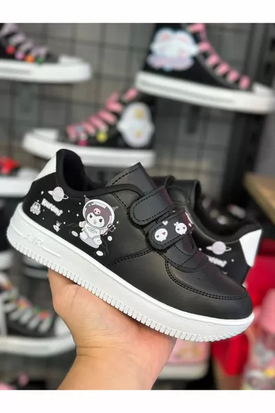 Kuromi Astronaut Print Zwarte Klittenband Meisjes Sportschoenen