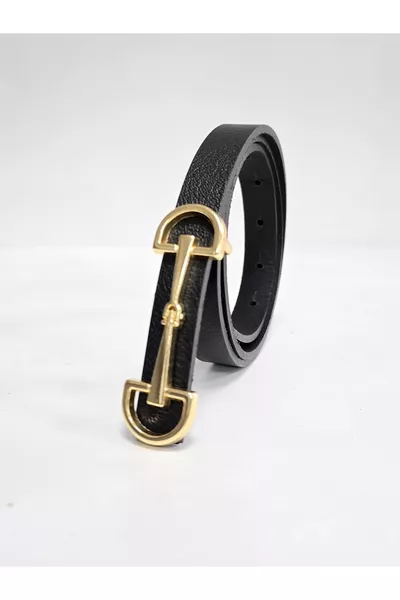 Ceinture fine noire en cuir véritable à boucle dorée
