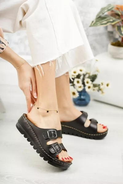 Mules pour femme noires avec boucle, entièrement orthopédiques, confortables, douces, élégantes