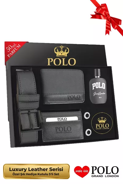 Orijinal Erkek 5'li Hediye Kutulu Luxury Serisi Deri Kemer Cüzdan Kartlık Kol Düğmesi Parfüm Seti