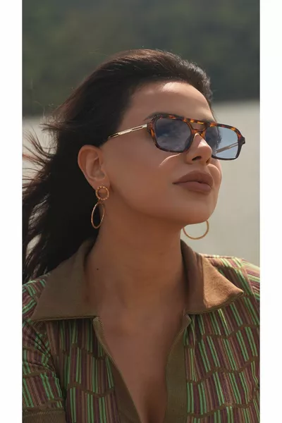 Damen-Sonnenbrille Rechteckiger Leopardenrahmen Blaugla