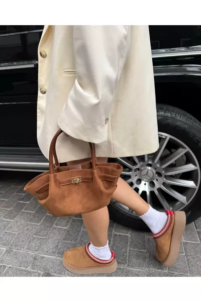 Borsa Mini in Nubuck con Dettaglio Cintura Marrone