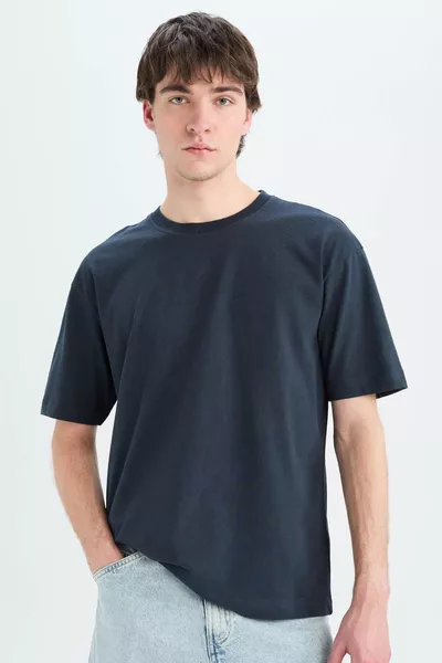 % Baumwolle Oversize Weit geschnittenes Basic T-Shirt mit Rundhalsausschnitt und kurzen Ärmeln AXNS