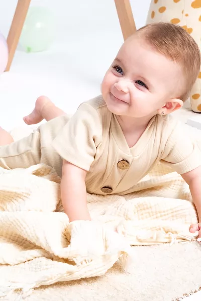Short Sleeve Wooden Button Organic Baby Romper Set