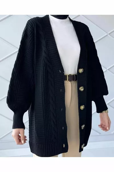 Черна плетена жилетка за жени с плитка, балон ръкав и дължина  см