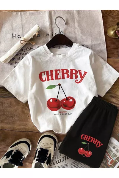 Girl's White T-Shirt with Cherry Print and Black Shorts Set