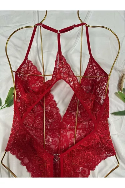 Set da notte elegante da donna con schiena incrociata in pizzo rosso