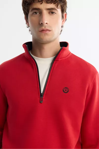 Men's Red High Collar Zip-Up 3-Ply Brushed Regular Fit Sweatshirt 