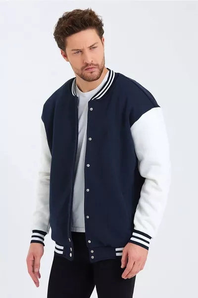 Мужская свободная темно-синяя белая толстая куртка колледж с пуговицами