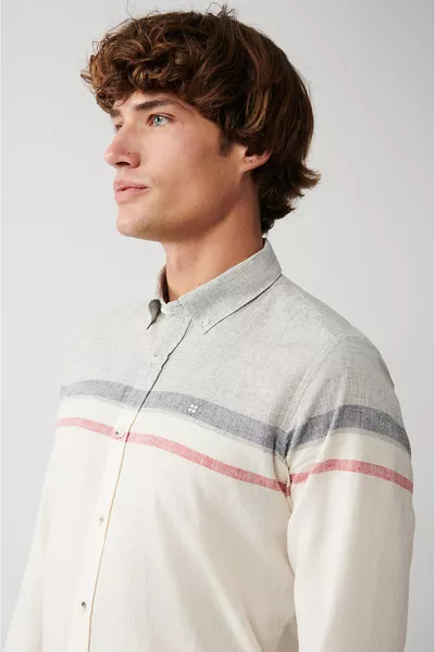 Erkek Beyaz Pamuk Keten Karışımlı Çizgili Gömlek 