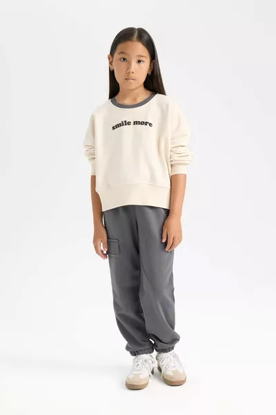 Детски комплект за момиче от 2 части с принтирана блуза с качулка и долнище с ластик AU