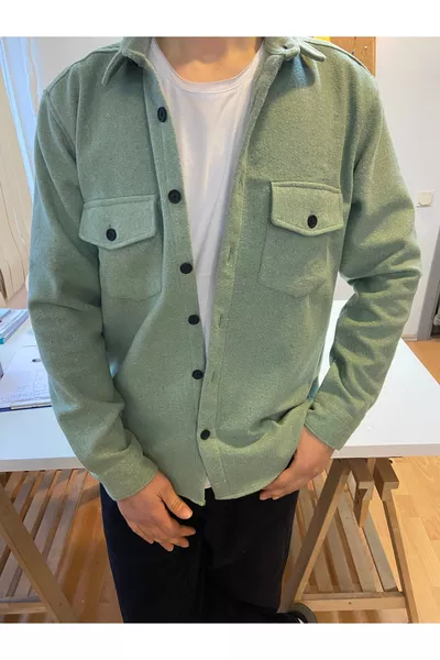Su Yeşili Erkek Slim Fit Düğmeli Yaka Çift Cepli Düz Oduncu Gömlek