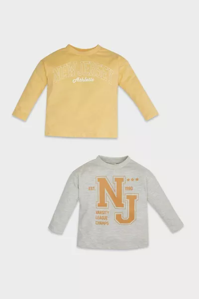 قميص طويل الأكمام بطباعة وياقة دائرية للرضيع الذكر، طقم من قطعتين NS