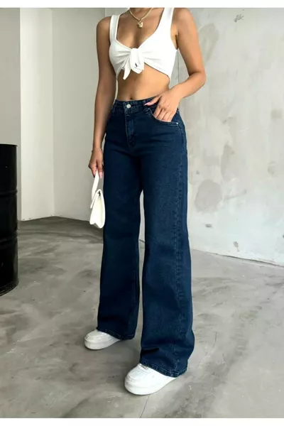 Pantalon palazzo en jean Luiss bleu marine avec stretch et taille très haute. (très haute)