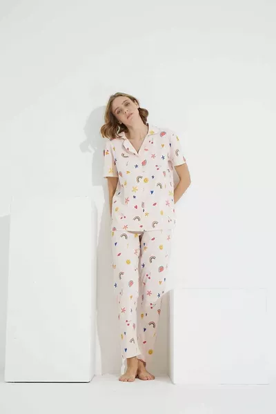 Patterned Cotton Button-Up Knit Pajama Set
