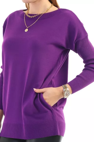 Женская трикотажная блузка с фиолетовым вырезом, боковыми карманами, эластичная, мягкая на ощупь