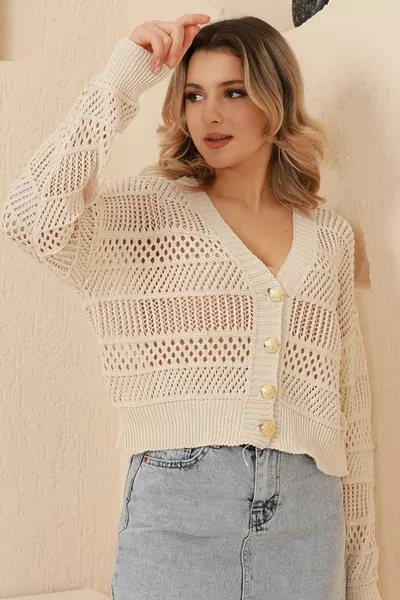 Damenstrickjacke mit Knöpfen, Sommer, lochmuster