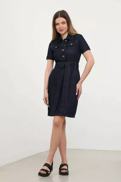 Dames jeansjurk met riem in donkerblauw