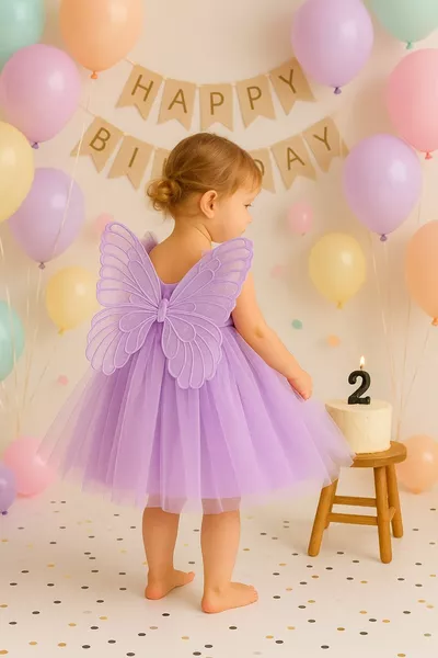 فستان صغير بفستان تول فوق الركبة بكرة عالية وأجنحة فراشة لفتيات الأطفال لحفلات أعياد الميلاد