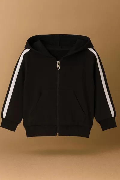 طقم رياضي للأطفال من قطعتين بسحاب وجيوب على شكل كنغر وخطوط جانبية