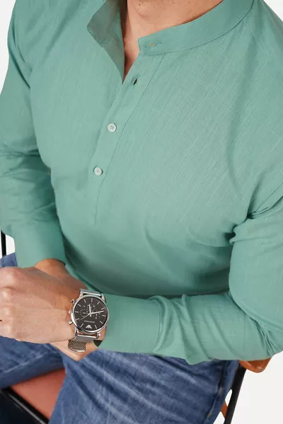 Mint Hakim Yaka Keten Üç Düğmeli Erkek Gömlek