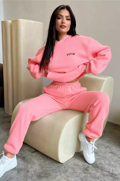 Спортивный костюм Толстовка и Джоггеры - Розовый с принтом, оверсайз, с начесом, с капюшоном