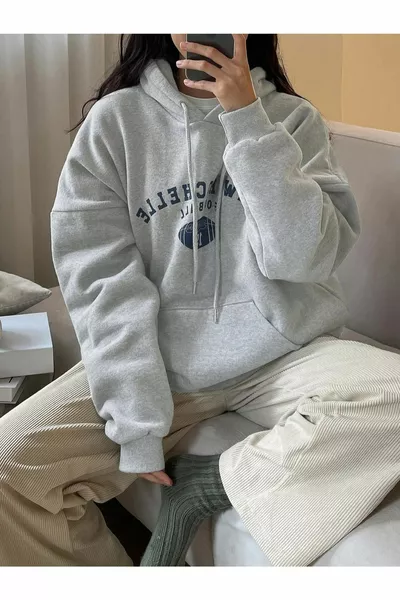 Women's Grey Rochelle Text Printed Oversize Hooded Sweatshirt