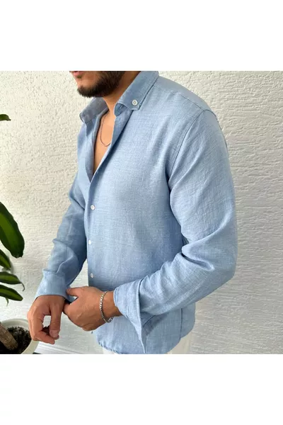 Bebe Mavi Krinkıl Keten Gömlek