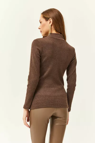 المرأة البني المر زر مفصلة نصف صياد ليكرا بلوزة