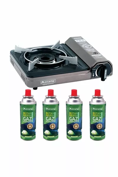 Camping Stove Gas Stop Safe Gray and 4 Cartridges GKH
