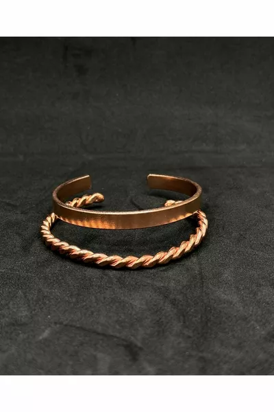Saf Bakır Ikili Takım Çift Bilekliği Düz Model Ve Burgu Model Kombin