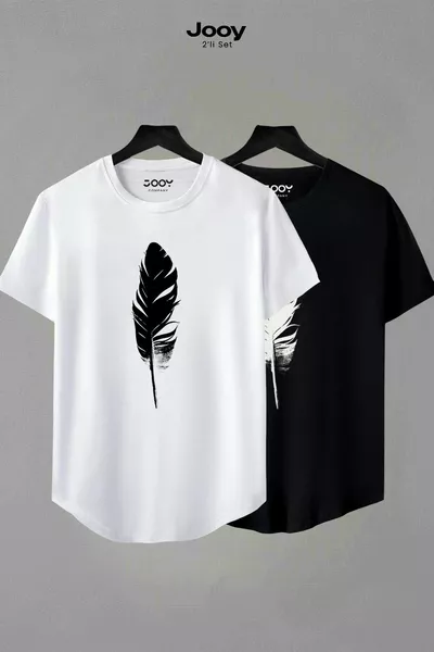 Ensemble de deux t-shirts unisexes noirs et blancs à motif plume avec coupe ovale