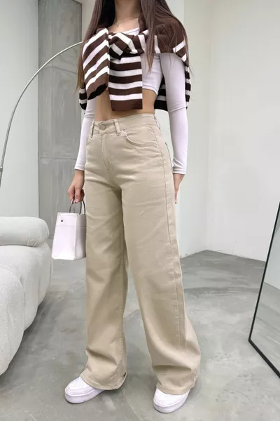 Pantalon Palazzo Taille Haute Femme Beige à Jambe Large