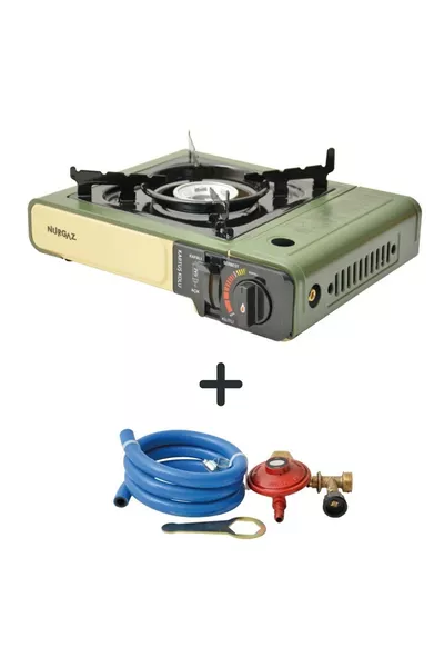 موقد فردي محمول بالكاكي + مجموعة خرطوم ومنظم