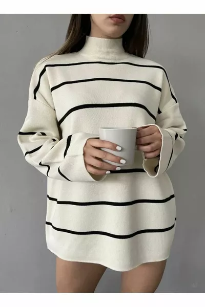 Дамски пуловер, дамски оувърсайз плетен пуловер с половин поло яка на райета, райе пуловер, оувърсайз пуловер