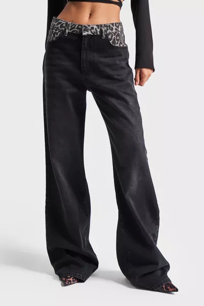 Дамски дънки с широк крачол, средна талия, тъмен антрацитен цвят  с леопардов десен