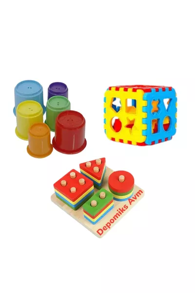 Set educativo di puzzle in legno con 6 pezzi a forma di torre e figure geometriche carine